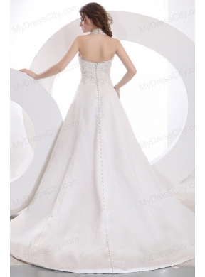 Halter Top Neck Empire Court Train Wedding Dress with Appliques