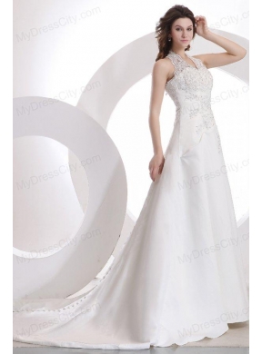 Halter Top Neck Empire Court Train Wedding Dress with Appliques