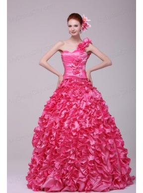 Hot Pink One Shoulder Hand Made Flowers and Ruffles Quinceanera Dress