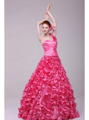 Hot Pink One Shoulder Hand Made Flowers and Ruffles Quinceanera Dress