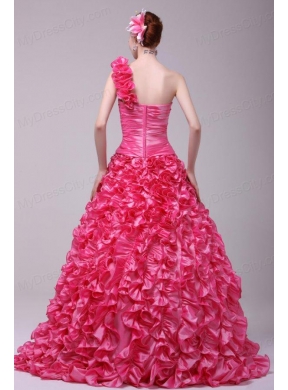 Hot Pink One Shoulder Hand Made Flowers and Ruffles Quinceanera Dress