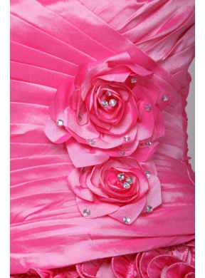 Hot Pink One Shoulder Hand Made Flowers and Ruffles Quinceanera Dress