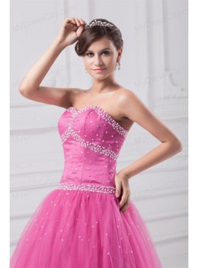 Hot Pink Sweetheart Beaded Decorate Tulle Quinceanera Dress