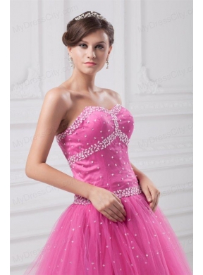 Hot Pink Sweetheart Beaded Decorate Tulle Quinceanera Dress