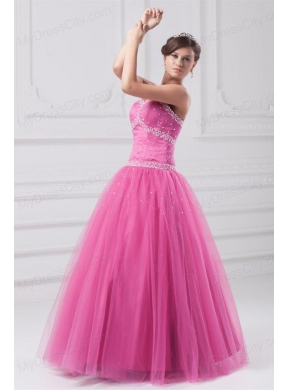 Hot Pink Sweetheart Beaded Decorate Tulle Quinceanera Dress