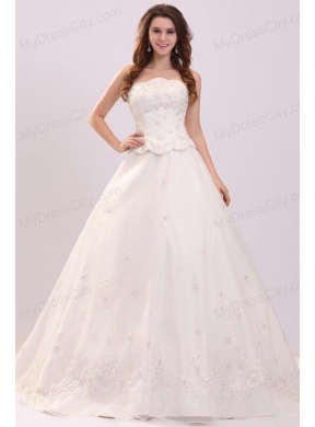 Luxurious Strapless A-line Embroidery Chapel Train Wedding Dress