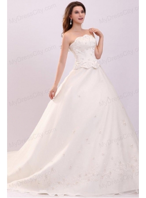 Luxurious Strapless A-line Embroidery Chapel Train Wedding Dress