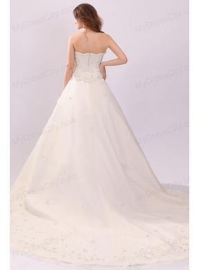 Luxurious Strapless A-line Embroidery Chapel Train Wedding Dress