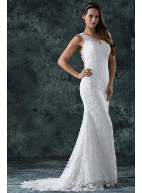 Mermaid Embroidery One Shoulder Lace Sweep Train Wedding Dress