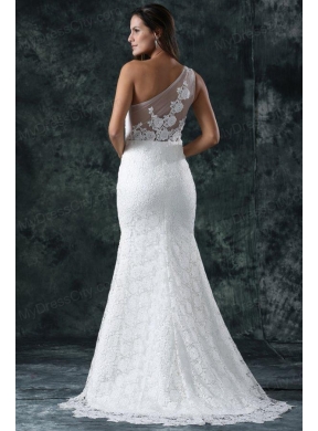 Mermaid Embroidery One Shoulder Lace Sweep Train Wedding Dress