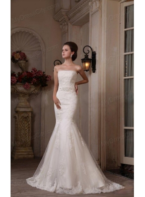 Mermaid Lace Strapless Brush Train Appliques Wedding Dress