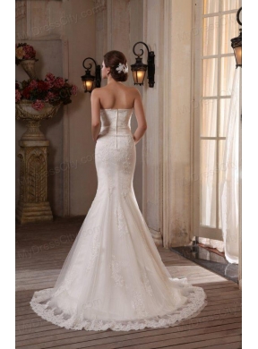 Mermaid Lace Strapless Brush Train Appliques Wedding Dress