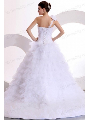 One Shoulder Appliques and Hand Made Flowers Tulle Wedding Dress