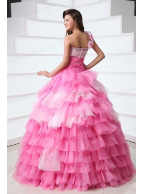 Pink One Shoulder Beading Quinceanera Dress with Ruffles Layered