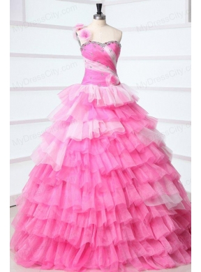 Pink One Shoulder Beading Quinceanera Dress with Ruffles Layered