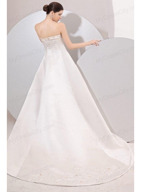 Princess Strapless Court Train Satin Champagne Wedding Dress with Embroidery