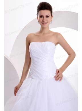 Princess Strapless Ruching Brush Train Tulle Wedding Dress