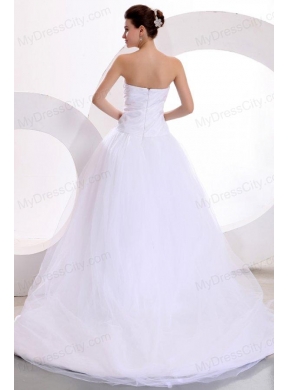 Princess Strapless Ruching Brush Train Tulle Wedding Dress