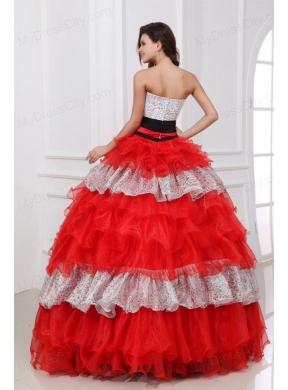 Red and White Strapless Organza Quinceanera Dress with Beading