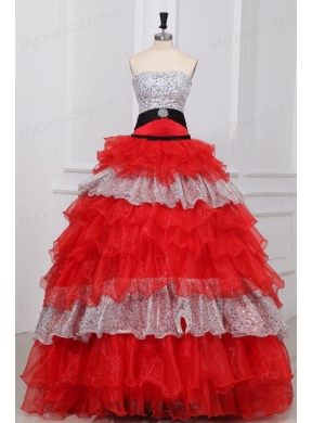 Red and White Strapless Organza Quinceanera Dress with Beading