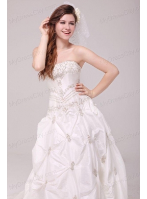 Strapless A-line Appliques and Pick-ups Taffeta Wedding Dress