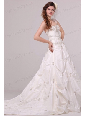 Strapless A-line Appliques and Pick-ups Taffeta Wedding Dress