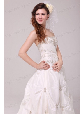 Strapless A-line Appliques and Pick-ups Taffeta Wedding Dress