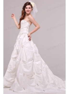 Strapless A-line Appliques and Pick-ups Taffeta Wedding Dress