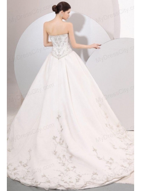 Strapless A-line Embroidery and Beading Wedding Dress with Chapel Train