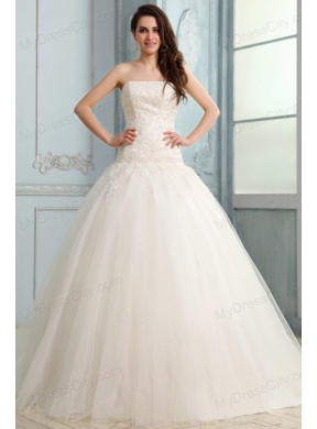 Strapless Appliques Decorate Bodice Sweep Train Wedding Dress