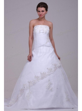 Strapless Court Train Organza Appliques Lace Up Wedding Dress