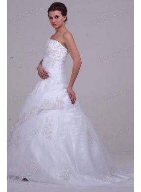 Strapless Court Train Organza Appliques Lace Up Wedding Dress