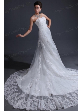 Strapless Mermaid Lace Appliques Wedding Dress with Chapel Train