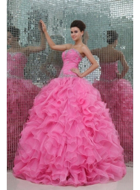 Strapless Rose Pink Organza Beading and Ruffles Quinceanera Dress