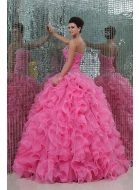 Strapless Rose Pink Organza Beading and Ruffles Quinceanera Dress