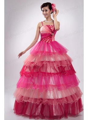 Straps Beading and Ruffles Layered Quinceanera Dress in Pink