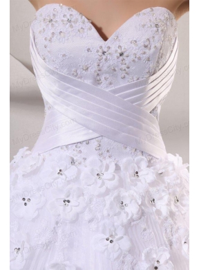 Sweetheart Ball Gown Hand Made Flowers and Pleats Wedding Dress