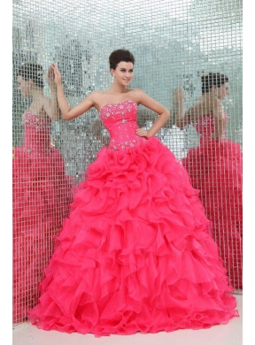 Sweetheart Beading and Ruffles Organza Coral Red Quinceanera  Dress