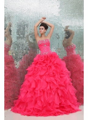 Sweetheart Beading and Ruffles Organza Coral Red Quinceanera  Dress