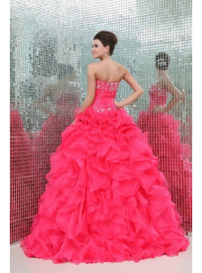 Sweetheart Beading and Ruffles Organza Coral Red Quinceanera  Dress