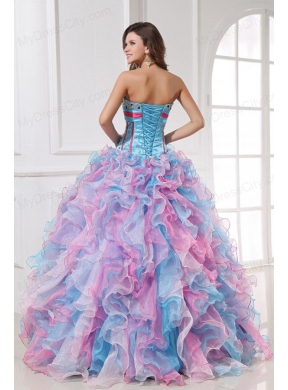 Sweetheart Beading and Ruffles Organza Quinceanera Dress in Multi-color