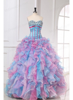 Sweetheart Beading and Ruffles Organza Quinceanera Dress in Multi-color