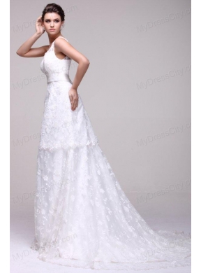 V-neck A-line Lace Court Train Wedding Dress with Beading on Sash