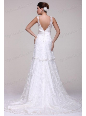 V-neck A-line Lace Court Train Wedding Dress with Beading on Sash