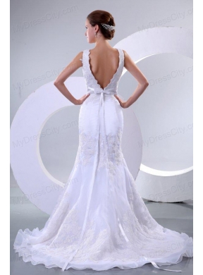 V-neck Mermaid Organza Appliques Wedding Dress for 2014 Spring