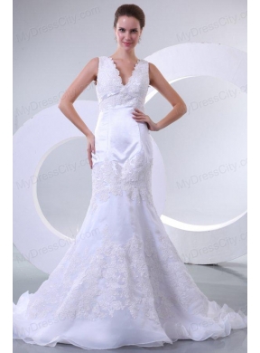 V-neck Mermaid Organza Appliques Wedding Dress for 2014 Spring