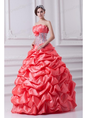 2014 Watermelon Ball Gown Strapless Beading Quinceanera Dress with Side Zipper