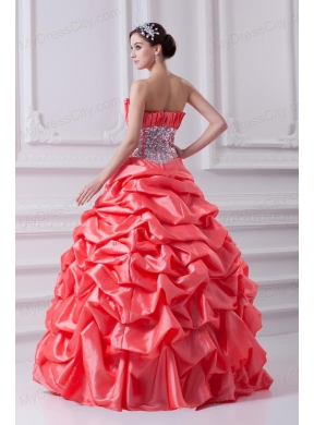 2014 Watermelon Ball Gown Strapless Beading Quinceanera Dress with Side Zipper