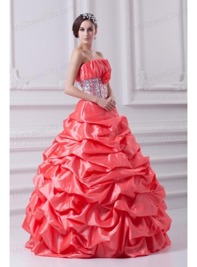 2014 Watermelon Ball Gown Strapless Beading Quinceanera Dress with Side Zipper