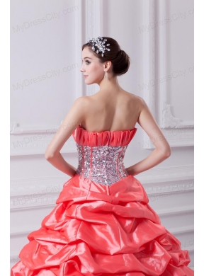 2014 Watermelon Ball Gown Strapless Beading Quinceanera Dress with Side Zipper